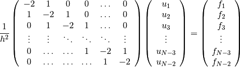 {1 \over h^2}
\left(
  \begin{array}{cccccc}
    -2 & 1 & 0 & 0 & \ldots & 0 \\
    1 & -2 & 1 & 0 & \ldots & 0 \\
    0 & 1 & -2 & 1 & \ldots & 0 \\
    \vdots & \vdots & \ddots & \ddots & \ddots & \vdots \\
    0 & \ldots & \ldots & 1 & -2 & 1 \\
    0 & \ldots & \ldots & \ldots & 1 & -2
  \end{array}
\right)
\left(
  \begin{array}{c}
    u_1 \\
    u_2 \\
    u_3 \\
    \vdots \\
    u_{N-3} \\
    u_{N-2}
  \end{array}
\right) =
\left(
  \begin{array}{c}
    f_1 \\
    f_2 \\
    f_3 \\
    \vdots \\
    f_{N-3} \\
    f_{N-2}
  \end{array}
\right)