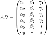 AB = \begin{pmatrix}
       \alpha_1 & \beta_1 & \gamma_1 \\
       \alpha_2 & \beta_2 & \gamma_2 \\
       \alpha_3 & \beta_3 & \gamma_3 \\
       \alpha_4 & \beta_4 & \gamma_4 \\
       \alpha_5 & \beta_5 & * \\
       \alpha_6 & * & *
     \end{pmatrix}