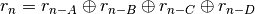 r_n = r_{n-A} \oplus r_{n-B} \oplus r_{n-C} \oplus r_{n-D}