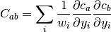 C_{ab} = \sum_{i} {1 \over w_i} {\partial c_a \over \partial y_i} {\partial c_b \over \partial y_i}