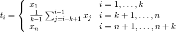 t_i = \left\{
        \begin{array}{ll}
          x_1 & i=1,\dots,k \\
          \frac{1}{k-1} \sum_{j=i-k+1}^{i-1} x_j & i=k+1,\dots,n \\
          x_n & i=n+1,\dots,n+k
        \end{array}
      \right.