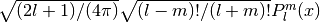 \sqrt{(2l+1)/(4\pi)} \sqrt{(l-m)!/(l+m)!} P_l^m(x)