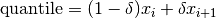 \hbox{quantile} = (1 - \delta) x_i + \delta x_{i+1}