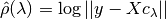 \hat{\rho}(\lambda) = \log{||y - X c_{\lambda}||}