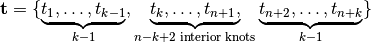 \mathbf{t} = \{ \underbrace{t_1, \dots, t_{k-1}}_{k-1}, \underbrace{t_k, \dots, t_{n+1},}_{n-k+2 \textrm{ interior knots}} \underbrace{t_{n+2}, \dots, t_{n+k}}_{k-1} \}